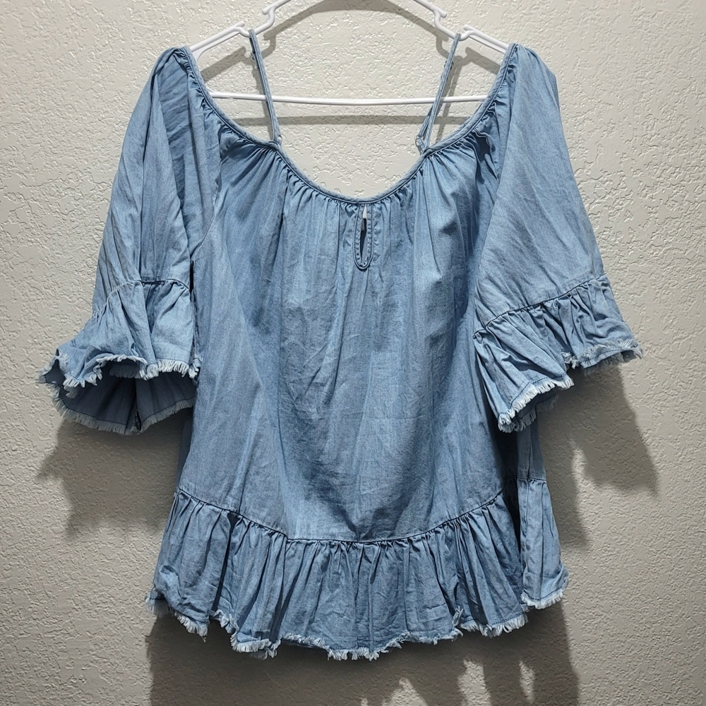 Charming Charlie Cold Off The Shoulder Denim Top X-Large Blue Fringe Ruffle Trim